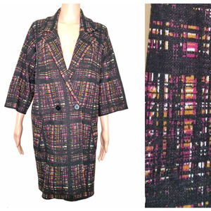 Oversized Long Plaid Jacket size Small Double Breasted 7/8 Sleeve Pink Orange